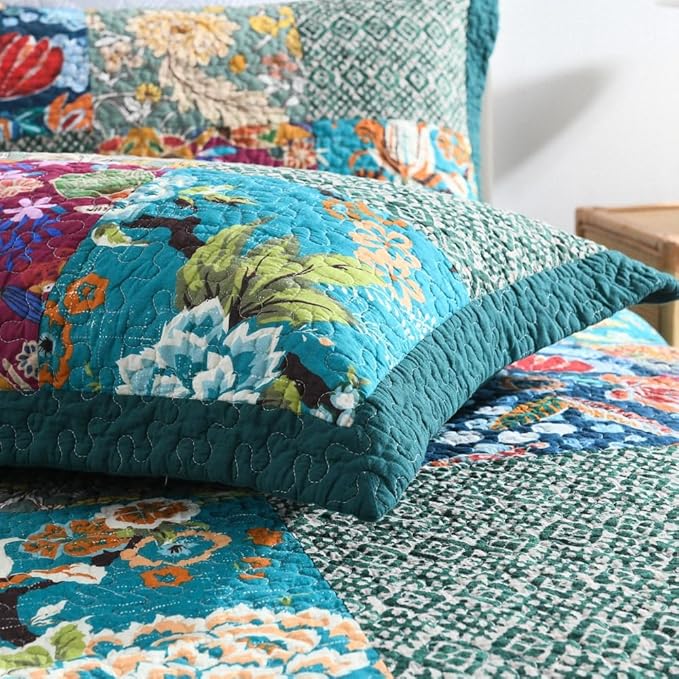 ENASAL Cotton Bedspread Quilt Sets Reversible Bedding Coverlet Sets Comforters, Patchwork Vintage Floral Turquoise Bedspread, Queen Size
