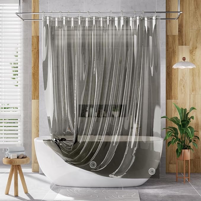 AmazerBath Transparent Black Shower Curtain Liner, 72x72 Shower Liner, Lightweight Plastic Shower Curtain Liners, Cute Waterproof Shower Liner for Bathroom with 3 Magnets and 12 Grommet Holes