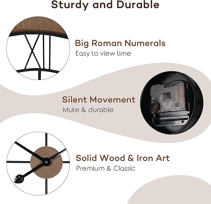 Wall Clock for Living Room Decor, 24'' Big Wall Clocks for Office, Rustic Clock Battery Operated, Distressed White Roman Numeral Clock, Round, Wood Wall Clock