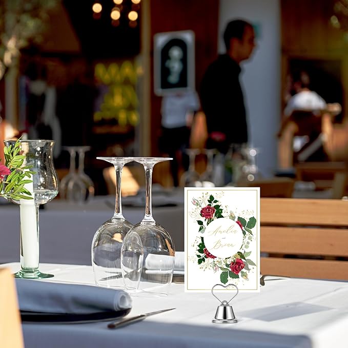 24 Pcs Table Number Holders Place Card Holders for Table 2 Inch Ring Clip Bell Number Holder Metal Picture Holder for Wedding Christmas Restaurant Home Photo Office Memo(Silver,Heart)