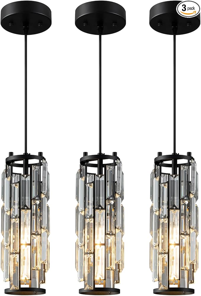 Pendant Lights Modern Black Pendant Light Mini Crystal Chandelier Pendant Lighting for Kitchen Island Dinning Room Bedroom Kitchen Sink Lighting (Black 3-Pack)