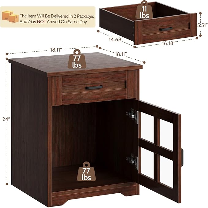 Farmhouse End Table Set of 2 with Drawer, 18" Large Side Table with Storage Cabinet and Acrylic Door, Wood Nightstand Bedside Table for Living Room, Bedroom, Espresso