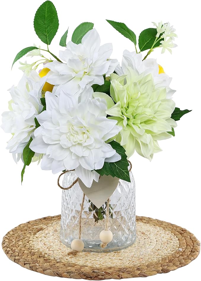 Fake Flower with Vase,White Silk Dahlia Artificial Flowers in Clear Glass Vase for Home Bathroom Office Desk Party Centerpiece Coffee Table Decor