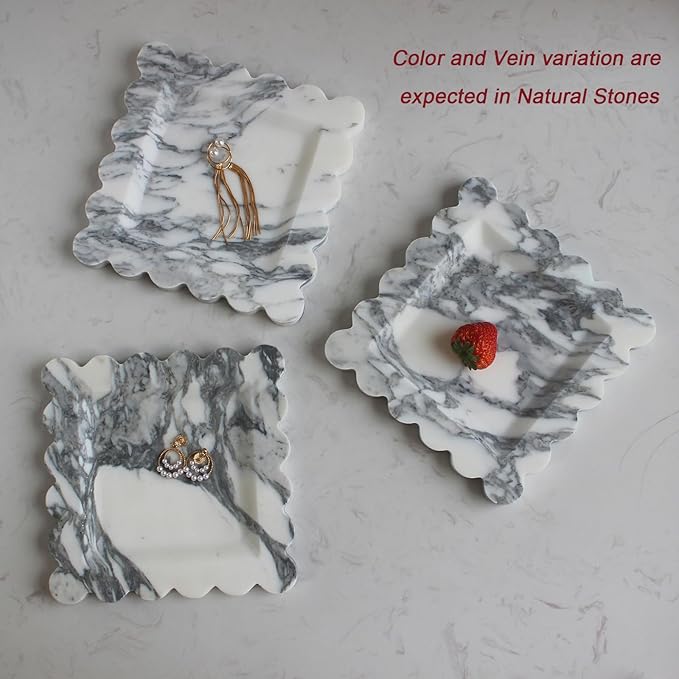 Natural Luxury Marble Tray with Scalloped Edge, Handmade Square Decorative Tray, Catch All Tray for Counter, Dresser, Nightstand and Home Décor (Arabescato Calacatta)