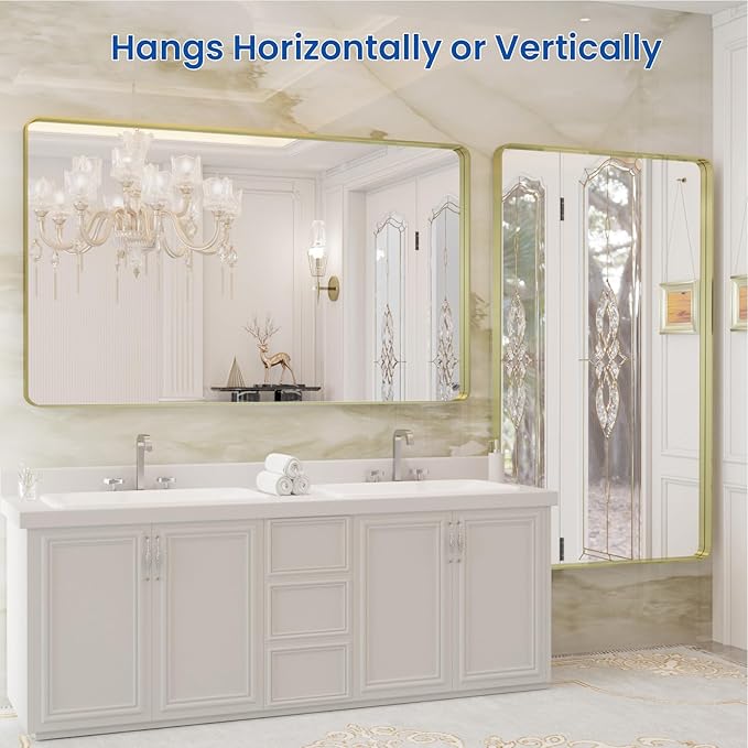 WEER Gold Bathroom Mirror, 50X30 Inch Brushed Gold Metal Frame Mirror, Rounded Rectangle Gold Bathroom Vanity Mirror for Wall, Tempered Glass, Anti-Rust, Hangs Horizontally or Vertically
