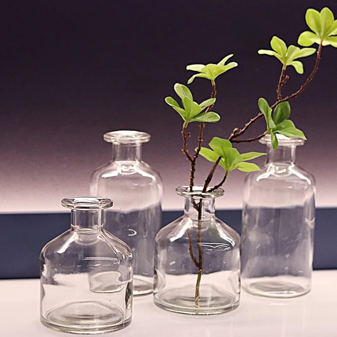 WDHODEC Glass Bud Vases Set of 4, Small Clear Vases for Flowers, Mini Glass Vase Assorted for Rustic Wedding, Floral Arrangements, Home Table Decorations