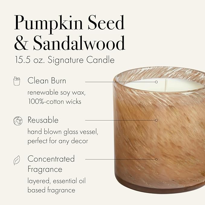 LAFCO New York Holiday Signature Fall Candle, Pumpkin Seed & Sandalwood - 15.5 oz - 90-Hour Burn Time - Reusable, Hand Blown Glass Vessel - Made in The USA