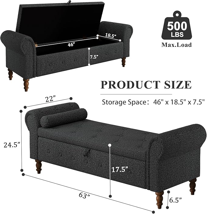 Storage Ottoman Bench for Bedroom, 63" End of Bed Bench with Rolled Arms Upholstered Ottoman Bench Fit for Bedroom, Living Room, Entryway, Linen Dark Gray