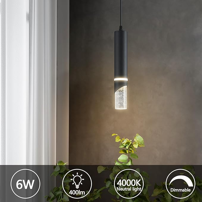 Modern Dimmable Led Pendant Lights Kitchen Island, Ideal for Living Room, Bedroom,Sink 6w LED Crystal Energy-Saving Hanging Lamp for Cozy Lighting (Black 3-Pack)