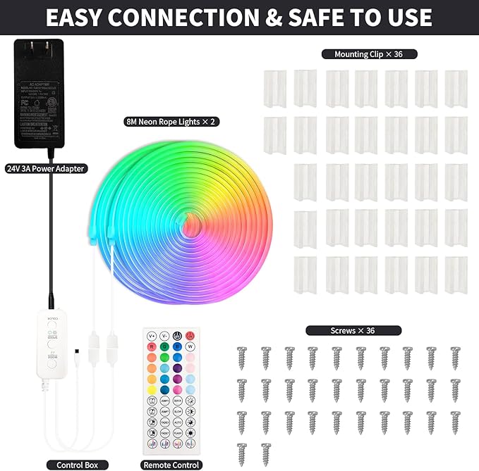 52FT LED Neon RGBIC Lights, LED Lights with RF Remote & APP Control, Flexible IP65 Waterproof Outdoor,Music Sync,DIY Design, 24V LED Strip Lights for Gaming Livingroom Wall Christmas Decor