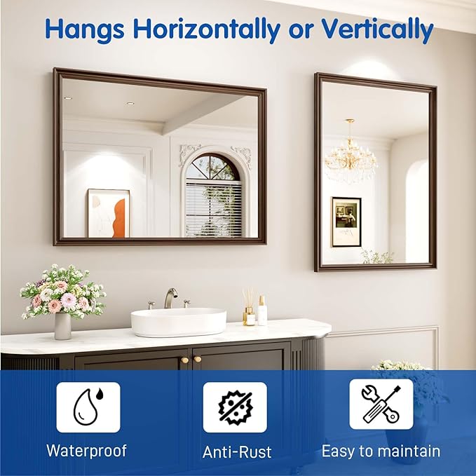 WEER Retro Copper Bathroom Mirror, 40x30 Inch Bronze Oil Rubbed Framed Mirror, Rectangle Classic Vintage Framed Wall Mirror, Farmhouse Vanity Mirror, Tempered Glass, Vertically or Horizontally