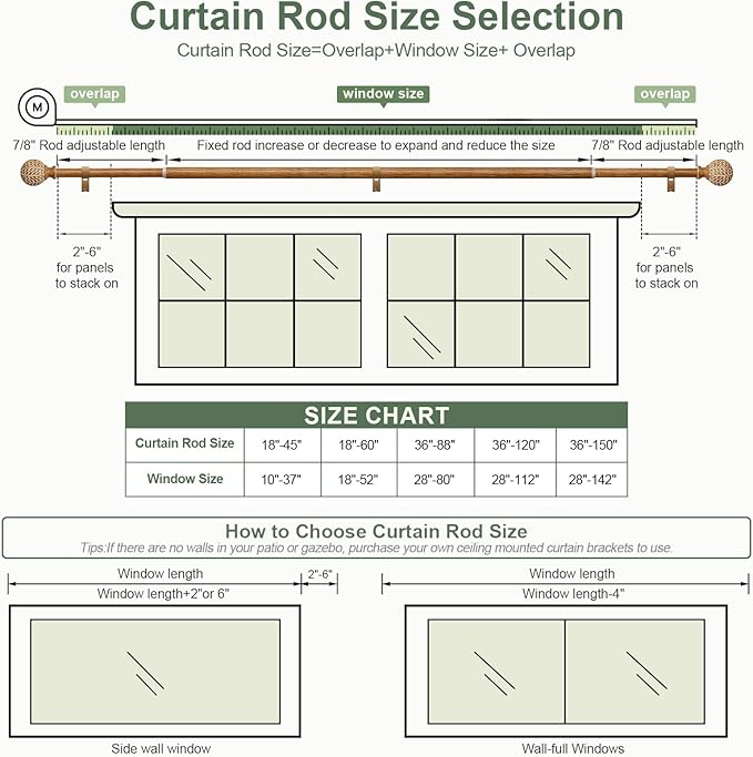 2 Pack Wood Curtain Rods for Windows 28 to 48 Inch,1'' Diameter Drapery Rods with Imitation Wood Grain Leaf Pattern Finials,Boho Adjustable Heavy Duty Curtain Rods Set,18-60'',Color:Natural Wood