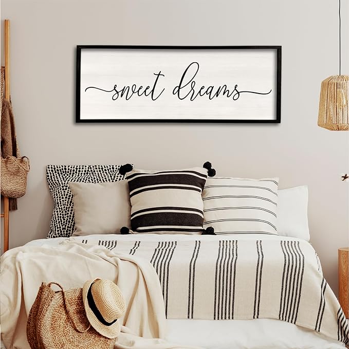 Sweet Dreams Wall Decor Above Bed 40''×15'' Master Bedroom Large Sweet Dreams Sign Farmhouse Wall Decor Guest Room Wood Rustic Framed Over Bed Wall Art Hanging Decoration (Black)
