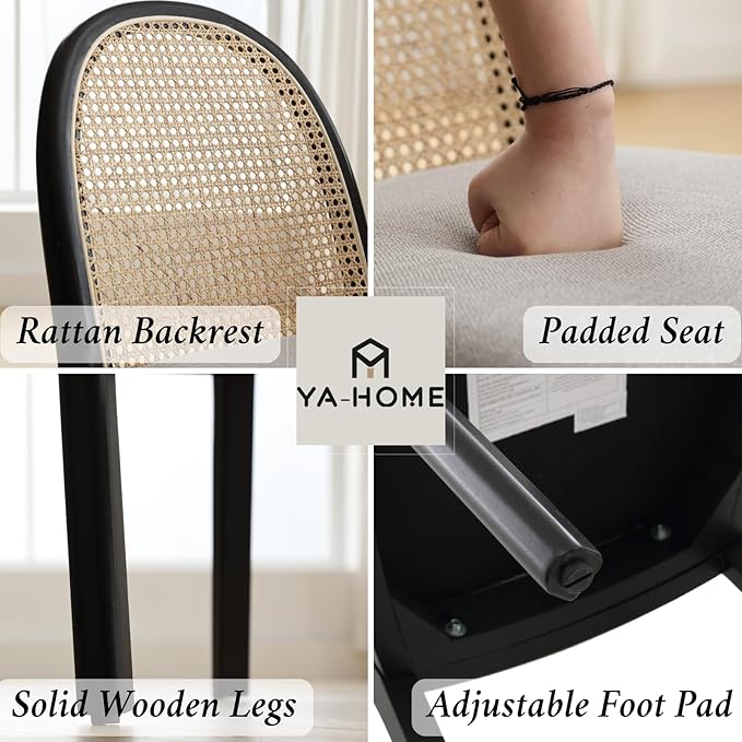 Mid Century Dining Chairs Set of 6, Accent Rattan Side Chairs Linen Fabric Kitchen Chair with Solid Wooden Legs for Living Room Dining Room, Grey