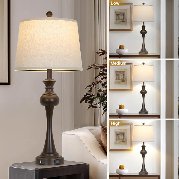 Touch Table Lamps Set of 2, 28.75" Tall Bedside Lamps with USB C+A Ports, 3-Way Dimmable Table Lamp, Nightstand lamps for Bedroom, Living Room, Office, Brown Lamps with Beige Lampshade, Bulbs Included