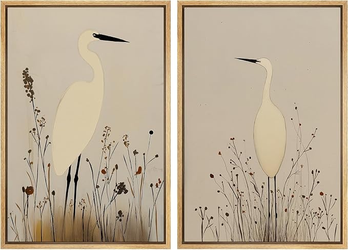 SIGNFORD Framed Canvas Print Wall Art Set Minimalist Heron Art Simplified Shapes in Neutral Tones Illustration Modern Art Decorative Nordic Nature for Living Room, Bedroom, Office - 16"x24"x2 Natural