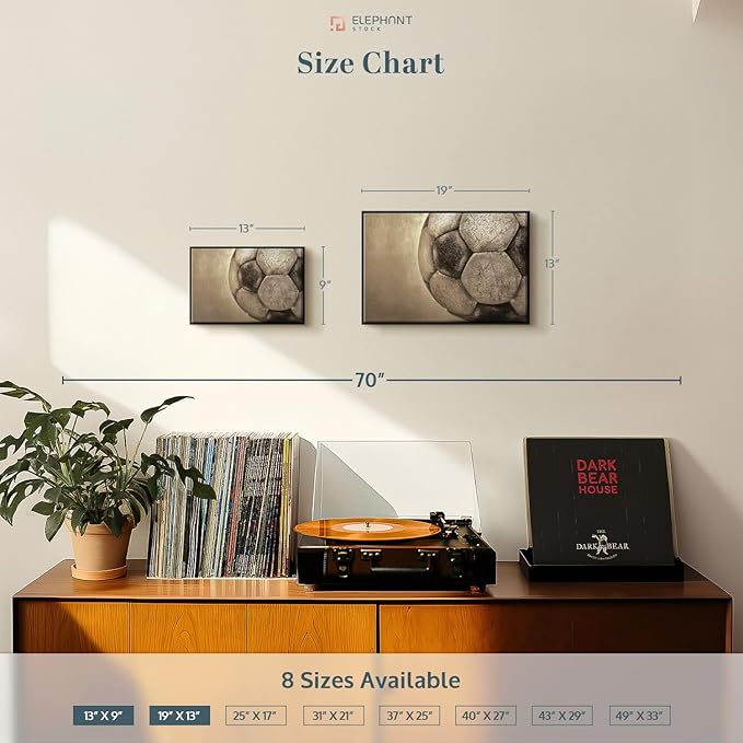 Elephant Stock Worn Soccer Ball Wall Art - Horizontal Framed Canvas - 1-Piece Living Room Wall Decor - Photography sports Canvas Print - Brown and Gray Decor for Wall - 13" X 9"