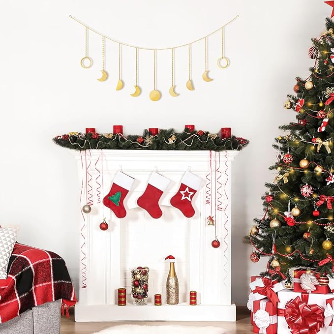 Mkono Moon Phase Wall Hanging Boho Aesthetic Room Decor Metal Moons Garland Hanging Art Bohemian Home Decoration for Girls Room Nursery Bedroom Livingroom Dorm, Ideal, Gold, 50"