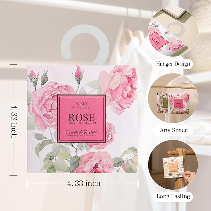 12 Packs Rose Scented Sachets – Long-Lasting Air Freshener & Closet Deodorizer for Drawers, Closets, Cars & Wardrobes