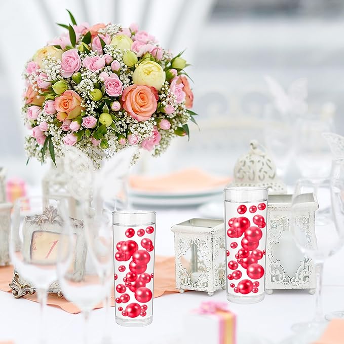 200PCS Watermelon Red Faux Pearls Beads for Centerpiece Vases, Vase Filler Faux Pearls, No Holes Filler Beads for Party Anniversary Birthday Wedding Table Decor, 10/14/20/30mm