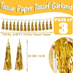 3P Gold Foil Fringe Metallic Tassel Streamers Banner Tassel Garland for Parade Floats, Bachelorette, Wedding, Birthday, Halloween, Christmas, Bridal/Baby Shower Party Decorations