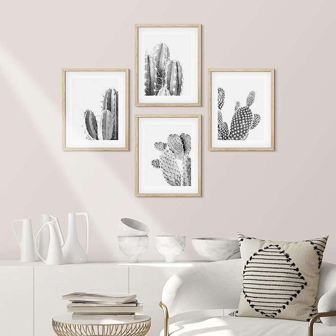 SIGNWIN Framed Black & White Saguaro Southwest Desert Tropical Cactus Wall Art, Set of 4 Floral Botanical Wall Decor Prints, Nature Wilderness Wall Décor for Living Room, Bedroom - 12"x16" Natural