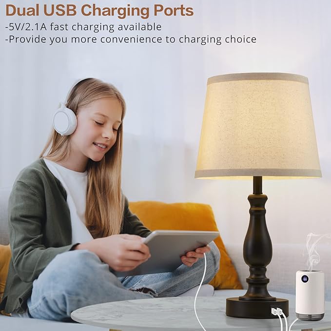 Lamps for Bedroom Set of 2,Touch Bedside Table Lamp with USB C+A Ports,3 Way Dimmable Nightstand Lamps with Round Fabric Linen Lampshade for Living Room Reading Bed Side End Table,Bulbs Included