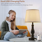 Lamps for Bedroom Set of 2,Touch Bedside Table Lamp with USB C+A Ports,3 Way Dimmable Nightstand Lamps with Round Fabric Linen Lampshade for Living Room Reading Bed Side End Table,Bulbs Included