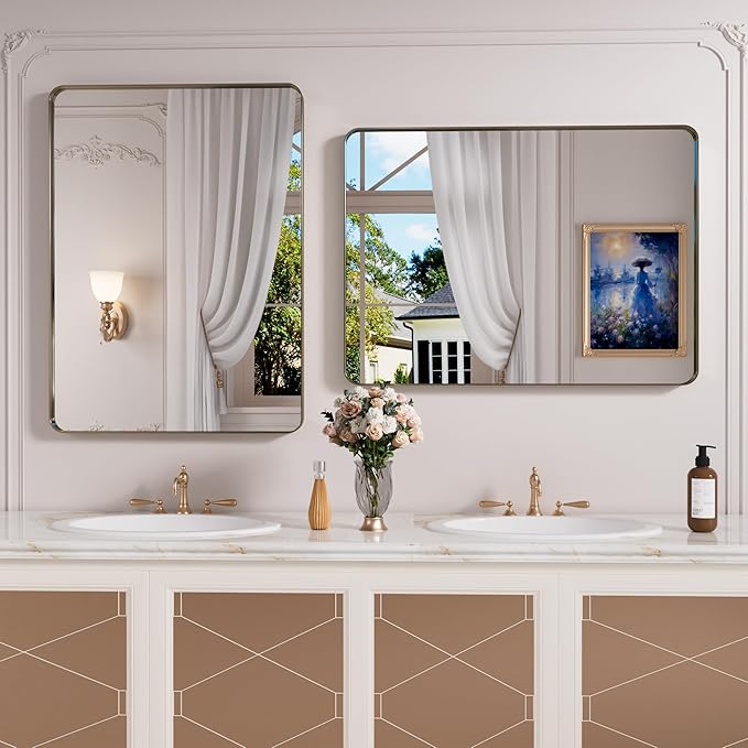 Bronze Bathroom Mirror 20x30 Inch, Brushed Bronze Metal Frame Mirror for Wall, Rounded Rectangle Bathroom Vanity Mirror with Tempered Glass, Anti-Rust, Horizontal/Vertical