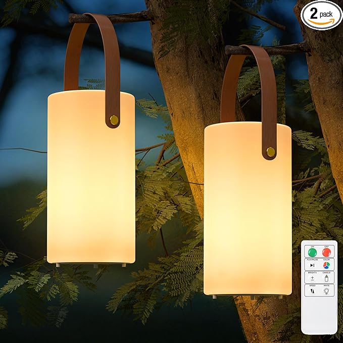 2-Pack Solar Table Lamp Outdoor Water-Resistant LED Portable Solar Lantern Warm RGB Rechargeable Cordless Lights for Patio Deck Camping