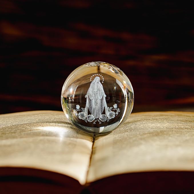 3D The Blessed Virgin Mary Crystal Ball Laser Etched Our Lady of Guadalupe Glass Sphere Statue Mother Mary Christian Catholic Religious Easter Gifts