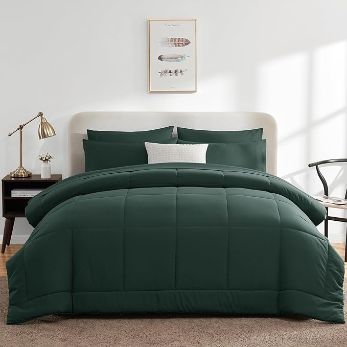 CozyLux King Size Comforter Set Forest Green, 7 Pieces Bed in a Bag, Green Comforter King Size, All Season Bedding Sets with Stitch Quilted Comforter, Flat Sheet, Fitted Sheet, Pillowcases