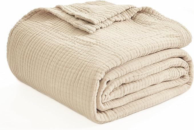 EMME Cotton Throw Blanket for Couch Soft Muslin Blankets 50"x60" Lightweight Breathable Blanket All Season Gauze Blanket, Light Tan