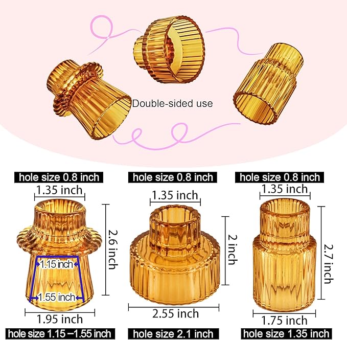 Double Sided Vintage Ribbed Taper Glass Candle Holders,Tea Candle Holder for Table Centerpieces, Wedding Decorations and Dinner Parties (Amber, 6 PCS)