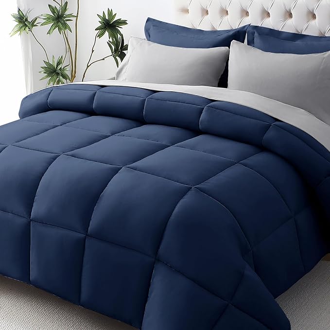 JOLLYVOGUE California King Comforter Set, Ultra-Soft Cal King Size Comforter Sets, 7-Piece Bed in a Bag, Goose Down Alternative, Oeko-TEX Certified, Sheets & Pillowcases, Navy Blue & Light Grey