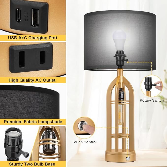 Seealle Table Lamps for Living Room Set of 2 - Gold Bedside Lamp for Bedroom with USB C+A & Outlet, Farmhouse Lamps for Night Stands, 3-Way Dimmable Touch Lamps for Living Room with Black Shade