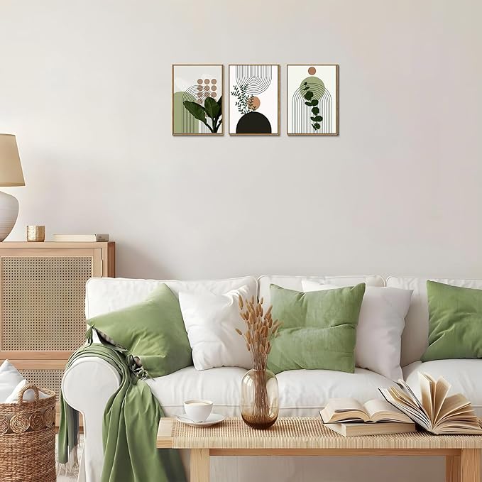 Bwodke Boho Wall Art, Framed Abstract Wall Art, Plant Canvas Wall Decor, Mid Century Line Leaf Geometric Pictures Set of 3, Minimalist Paintings, for Bedroom Living Room Bathroom 12"x16"