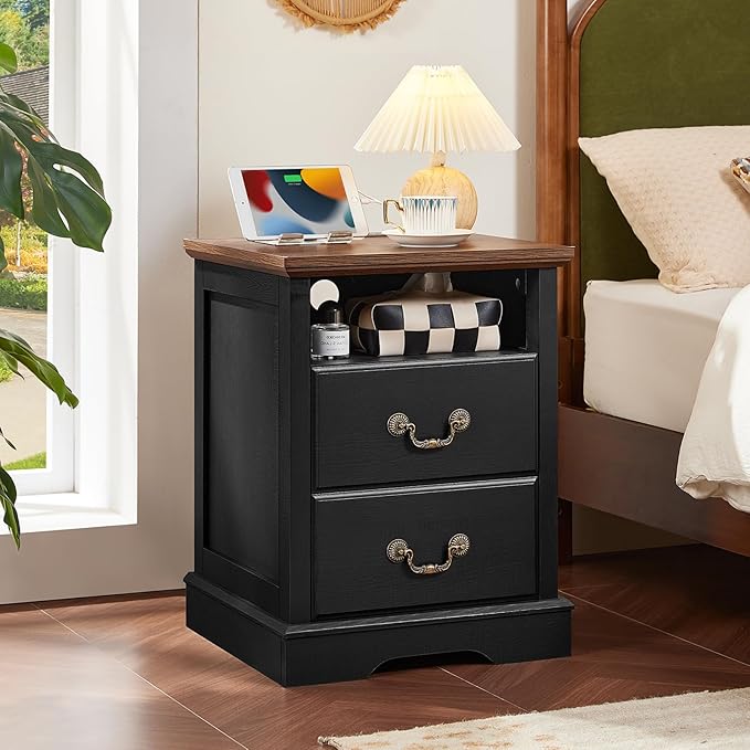 Farmhouse Nightstands with Charging Station，18" End Table with 2 Drawers，Farmhouse Nightstand with Vintage Handles, Bedside Cabinet for Bedroom for Bedroom, Living Room,Black