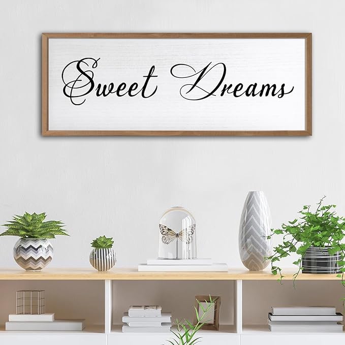 Sweet Dreams Wall Decor Above Bed 40x15 Inch Large Master Bedroom Hanging Wood Rustic Framed Farmhouse Sweet Dreams Sign Guest Room Aesthetic And Minimalist Over Bed Wall Art（Wood White）