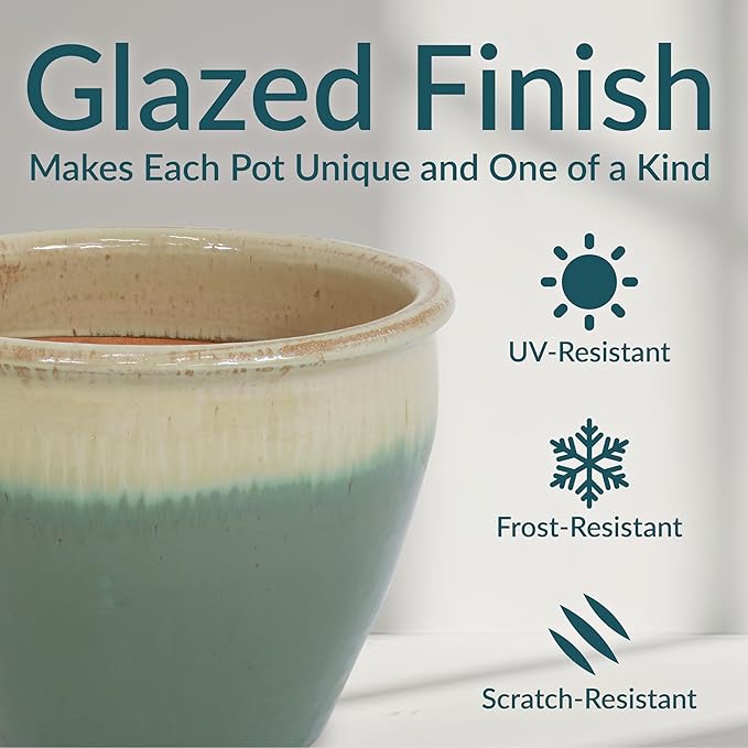 Sunnydaze Chalet Large Ceramic Plant Pot - Round Outdoor Glazed Ceramic Planter Pot with Drainage - Seafoam - 14.5"