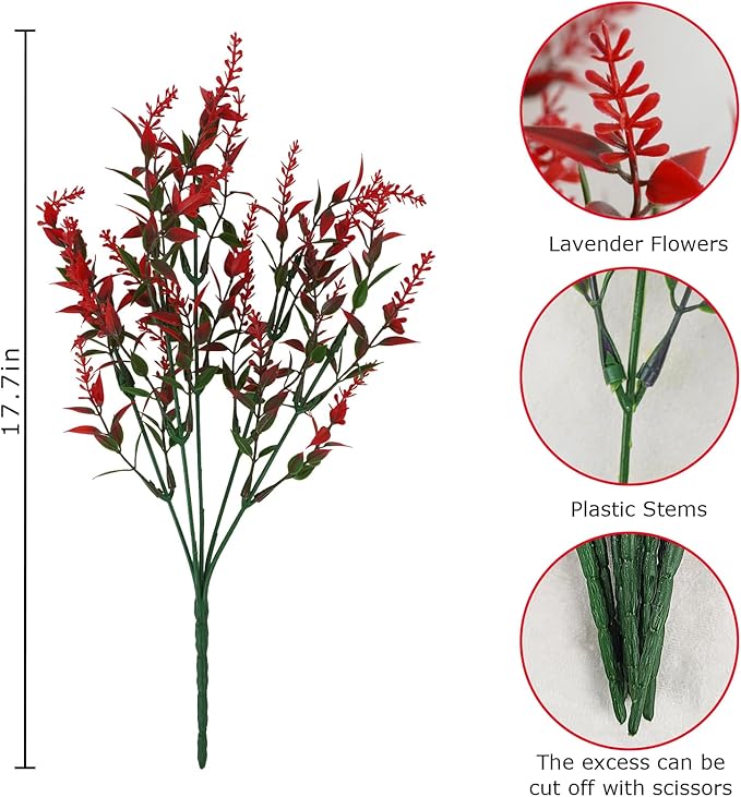 Krissing 80 Bundles Outdoor Lavender Flowers UV Resistant Artificial Flowers for Outdoor Fake Lavender Plastic Purple Plants for Outside Garden Patio Planters Window Box Porch Summer Decor (Red)