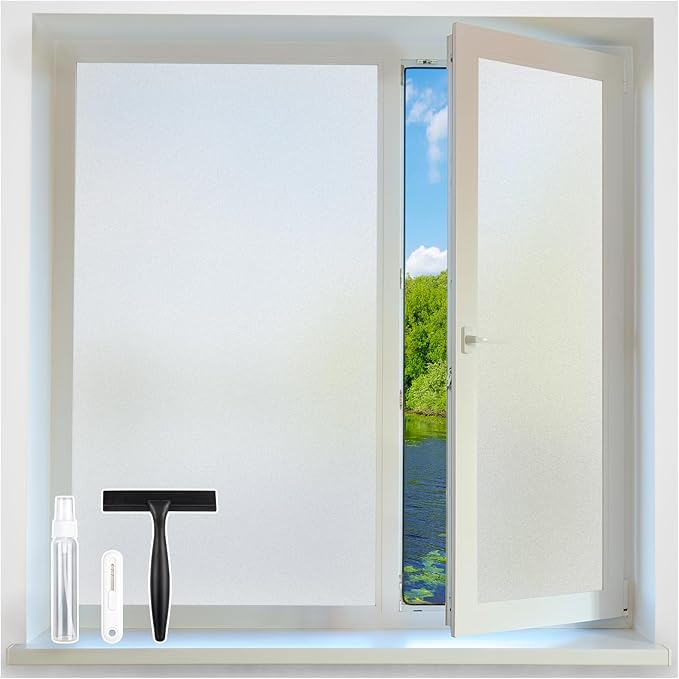 Homein Frosted Glass Window Privacy Film with Tools UV Blocking Privacy Film for Glass Windows, Static Cling No Glue Removable Reusable Anti Glare for Home Day and Night, Pure 17.5x157.4 inch