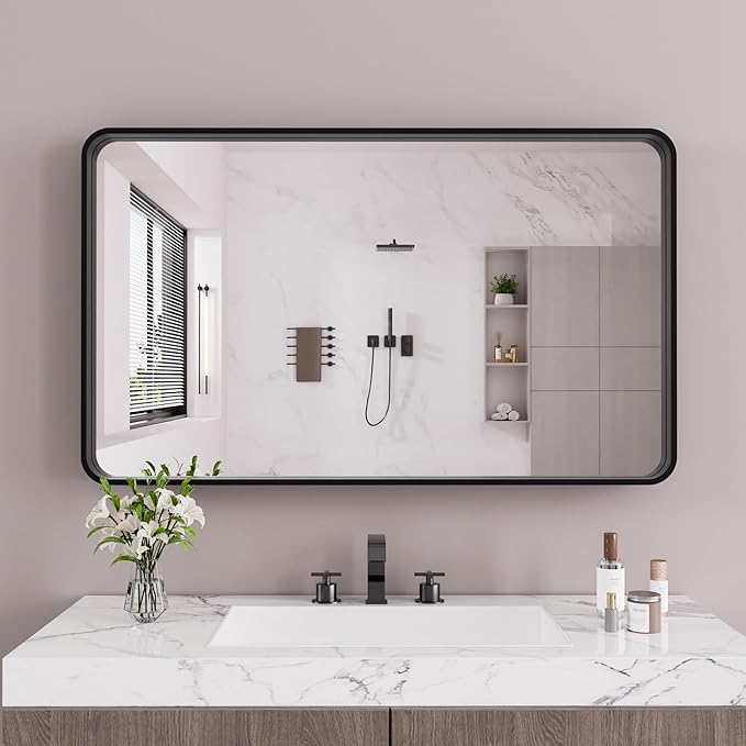 Black Bathroom Mirror 50X30 Inch, Black Metal Framed Mirror for Wall, Rounded Rectangle Matte Bathroom Vanity Mirror with Tempered Glass, Anti-Rust, Horizontal/Vertical