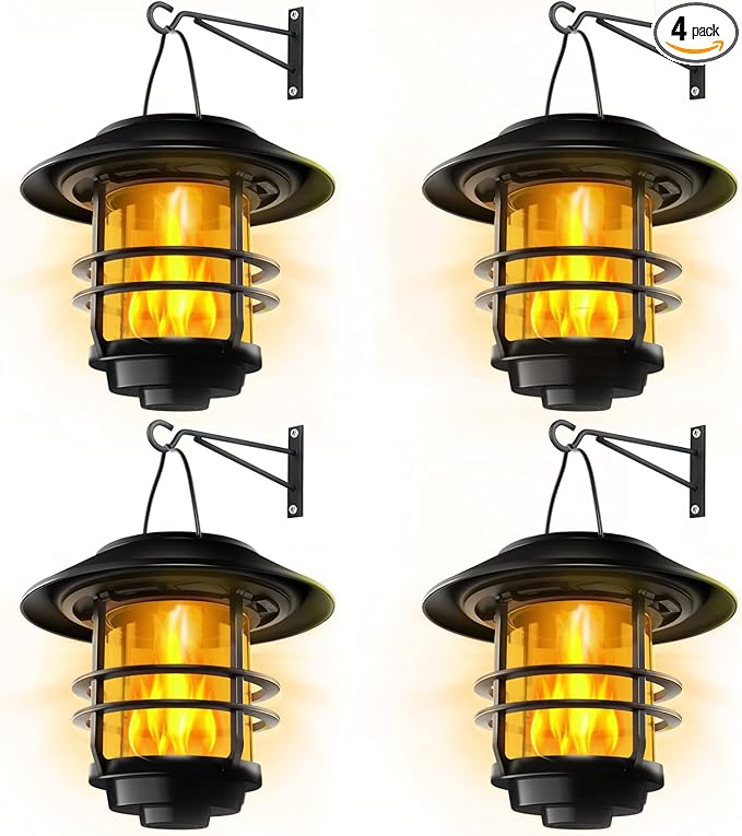 Otdair Solar Wall Lantern Outdoor, Flickering Flames Solar Sconce Lights Outdoor, Hanging Lamps Wall Mount for Front Porch, Patio and Yard, 4 Pack