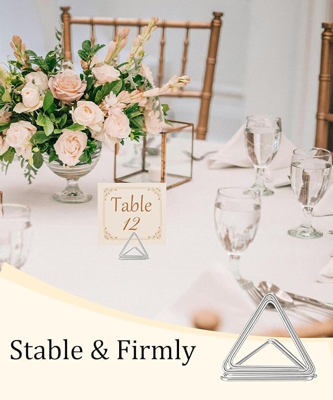36 Pcs Triangle Table Number Holders - Rust-Resistant Metal Place Card Stands for Weddings, Office & Home Decor(Silver)