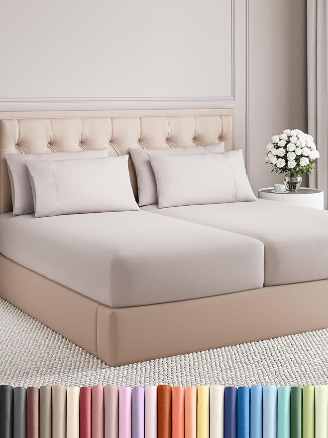 Split King Sheets Set 7 Piece - Includes 4 Pillowcases - Bed Sheets Split King - Soft Hotel Luxury Bedding - Cooling and Breathable - 1 Flat & 2 Fitted & 4 Pillowcases w/ Deep Pockets - Light Grey