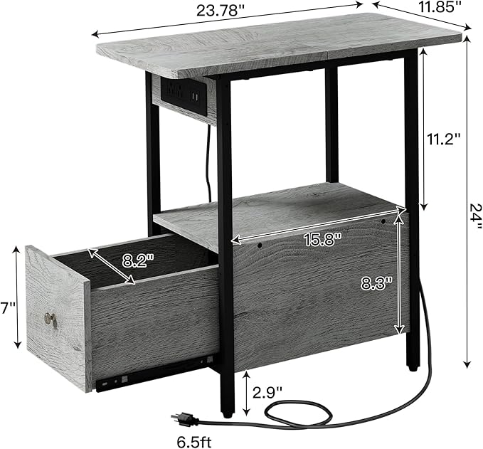 LIDYUK End Table with Charging Station, Narrow Side Table with Drawer and USB Ports & Power Outlets, Nightstand Bedside Tables for Small Spaces, Bedroom, Living Room, Light Grey, Set of 2