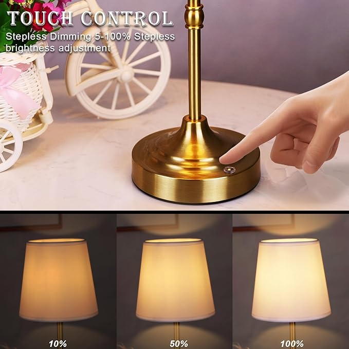 Rechargeable Battery Powered Table Lamp, Wireless LED Lamps, Cordless Touch Lamps, Stepless Dimmable Bedside Lamps, Night Lamp for Bedroom, Dinning Room, Kitchen Decor, Office (Bronze)