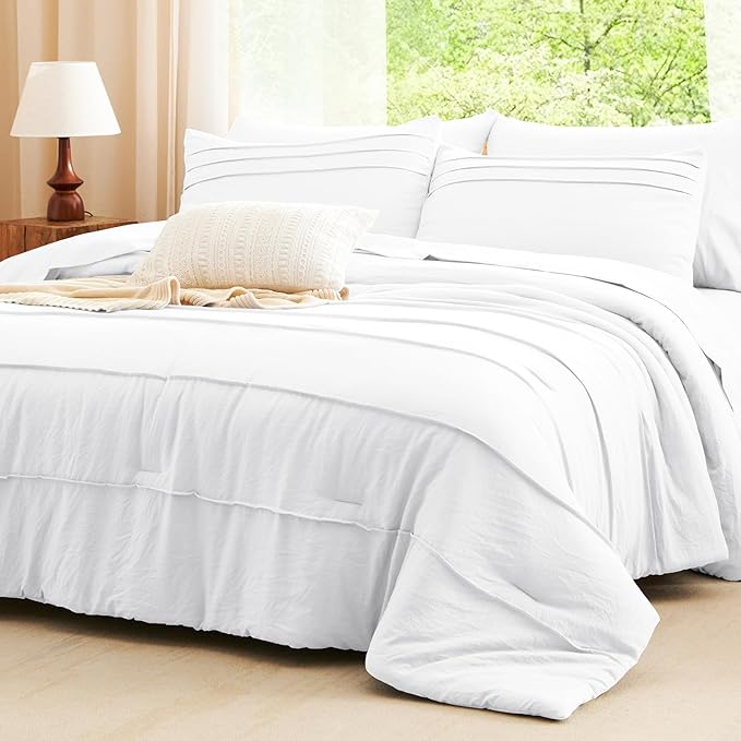 CozyLux Queen Comforter Set White, 7 Pieces Soft Pinch Pleat Bed in a Bag Queen Comforter Set with Sheets, Boho Bed Set with Down Alternative Comforter, Sheets, Pillowcases & Shams