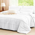 CozyLux King Size Comforter Set White, 7 Pieces Soft Pinch Pleat Bed in a Bag King Comforter Set with Sheets, Boho Bed Set with Down Alternative Comforter, Sheets, Pillowcases & Shams